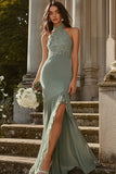 Halter Dusty Sage Sirène Mousseline de soie Dentelle Robe de demoiselle d’honneur