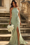 Halter Dusty Sage Sirène Robe de demoiselle d’honneur en mousseline de soie avec ceinture