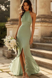 Halter Dusty Sage Sirène Volants Robe de demoiselle d’honneur en mousseline de soie