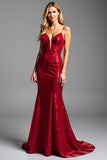 Robe longue de bal longue à bretelles spaghetti à bretelles spaghetti sirène rouge scintillante