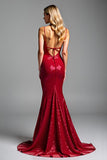 Robe longue de bal longue à bretelles spaghetti à bretelles spaghetti sirène rouge scintillante