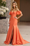 Robe de bal à volants sirène orange à épaules dénudées