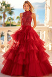 Une ligne de tulle rouge à sequins Robe de bal à volants