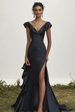 Robe de bal noire à col en V sirène à volants