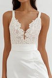 Dentelle blanche satin bretelles spaghetti robe formelle ligne