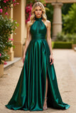Dos nu Satin Une ligne Ruchée Vert Foncé Robe de Bal avec Fente