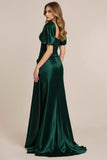 Satin Vert Foncé Une Ligne Ruchée Robe de Bal Avec Fente