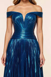 Épaule dénudée plissée bleu paon Robe de bal une ligne