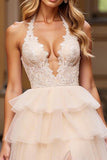 Robe de bal à plusieurs niveaux en dentelle de tulle rose dos nu avec fente