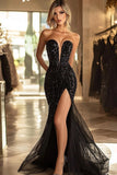 Robe de bal scintillante sans bretelles sirène noire à paillettes avec fente