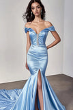 Robe de bal sirène bleu ciel à épaules dénudées avec fente
