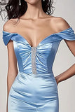 Robe de bal sirène bleu ciel à épaules dénudées avec fente