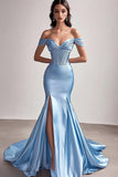Robe de bal en satin sirène à épaules dénudées bleu ciel