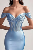Robe de bal en satin sirène à épaules dénudées bleu ciel
