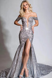 Robe de bal sirène argentée à épaules dénudées à paillettes
