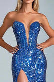 Robe de bal sans bretelles sirène à sequins bleu royal