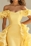 Jaune Épaule Dénudée Sirène Volants Satin Robe de Bal