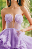 Lilas sans bretelles à volants à volants à volants à plusieurs niveaux Robe de bal en tulle