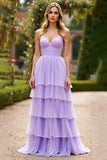 Robe de bal à bretelles spaghetti lilas à plusieurs niveaux