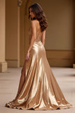 Robe de bal en satin métallisé sans bretelles dorées