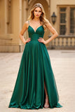 Robe de bal en satin à bretelles spaghetti vert foncé