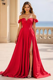 Rouge Une ligne dénudée d’épaule Robe de bal longue en satin avec fente