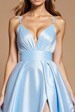 Bleu ciel Une ligne Simple Ruché Satin Robe Longue Bal