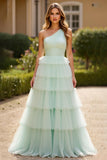 Vert menthe Une ligne une épaule Tulle longue robe de bal avec volants