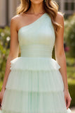 Vert menthe Une ligne une épaule Tulle longue robe de bal avec volants