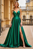 Vert foncé A Ligne Spaghetti Bretelles Satin Robe Longue De Bal