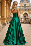 Vert foncé A Ligne Spaghetti Bretelles Satin Robe Longue De Bal