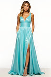 Bleu ardoise Robe de bal longue à col en V avec poches