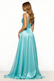 Bleu ardoise Robe de bal longue à col en V avec poches