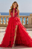 Rouge scintillant Une ligne col haut à volants Tulle Robe longue de bal avec trou de serrure
