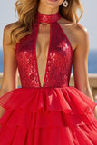 Rouge scintillant Une ligne col haut à volants Tulle Robe longue de bal avec trou de serrure