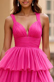 Robe de bal longue en tulle à col en V fuchsia à volants