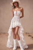 Haut-Bas Blanc Une Ligne Dentelle Sans Bretelle Boho Robe de mariée