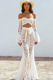 Boho Épaule Dénudée Dentelle Sirène Blanche Robe de mariée