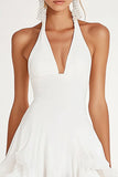 Robe courte moulante blanche en mousseline de soie avec volants
