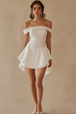 Robe de graduation en satin blanc à épaules dénudées avec perles