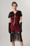 Robe noire scintillante à franges dorées à col en V des années 1920 à manches courtes