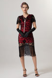 Robe noire scintillante à franges dorées à col en V des années 1920 à manches courtes