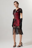 Robe noire scintillante à franges dorées à col en V des années 1920 à manches courtes