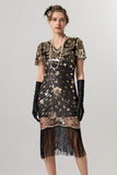 Robe noire scintillante à franges dorées à col en V des années 1920 à manches courtes