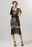 Robe noire scintillante à franges dorées à col en V des années 1920 à manches courtes
