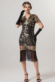 Robe noire scintillante à franges dorées à col en V des années 1920 à manches courtes