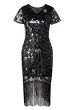 Robe noire scintillante à franges dorées à col en V des années 1920 à manches courtes