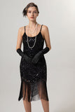 Robe à clapet noire dorée à paillettes des années 1920 avec pompons
