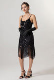 Robe à clapet noire dorée à paillettes des années 1920 avec pompons