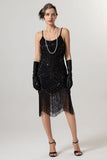 Robe à clapet noire dorée à paillettes des années 1920 avec pompons